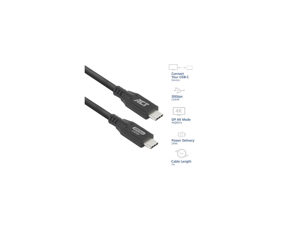 Кабел ACT Кабел USB-C - USB-C, 1 м / USB4, 20Gbps, 240W 2