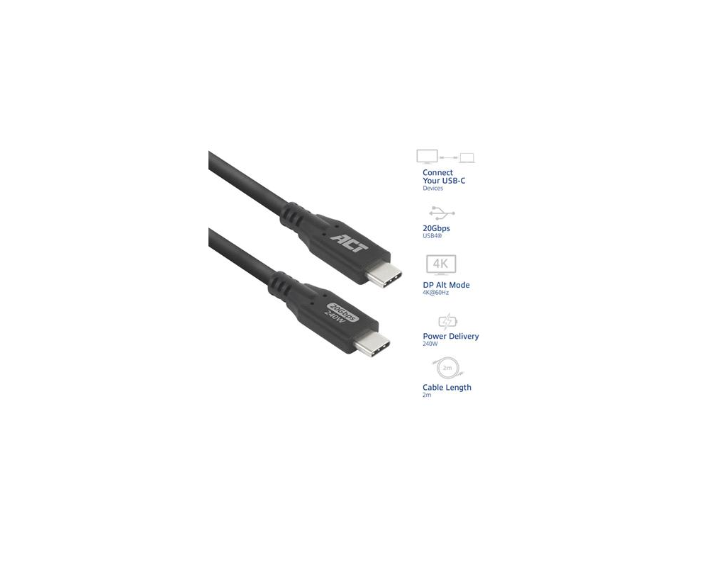 Кабел ACT Кабел USB-C - USB-C, 2 м / USB4, 20Gbps, 240W 2
