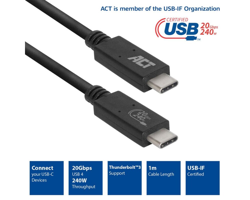Кабел ACT Кабел USB-C - USB-C, 1 м / USB4, 20Gbps, 240W, сертифициран USB-IF 2