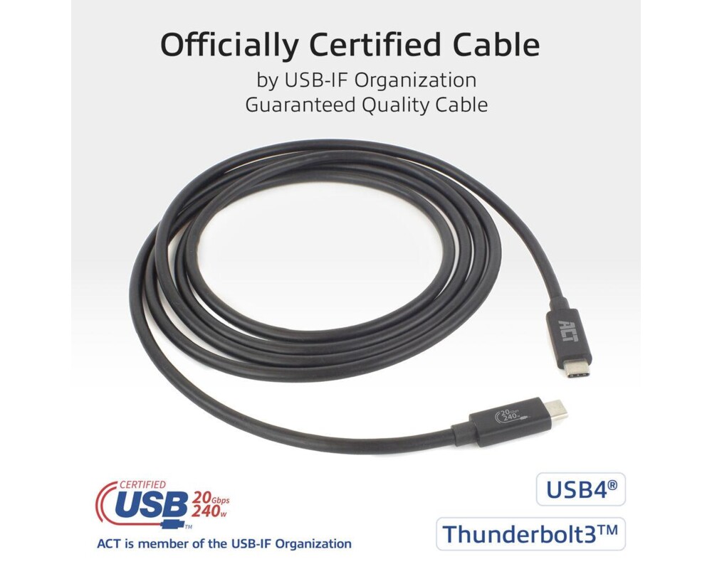 Кабел ACT Кабел USB-C - USB-C, 2 м / USB4, 20Gbps, 240W, сертифициран USB-IF 3