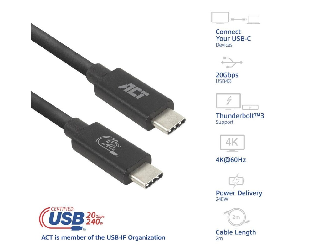 Кабел ACT Кабел USB-C - USB-C, 2 м / USB4, 20Gbps, 240W, сертифициран USB-IF 2