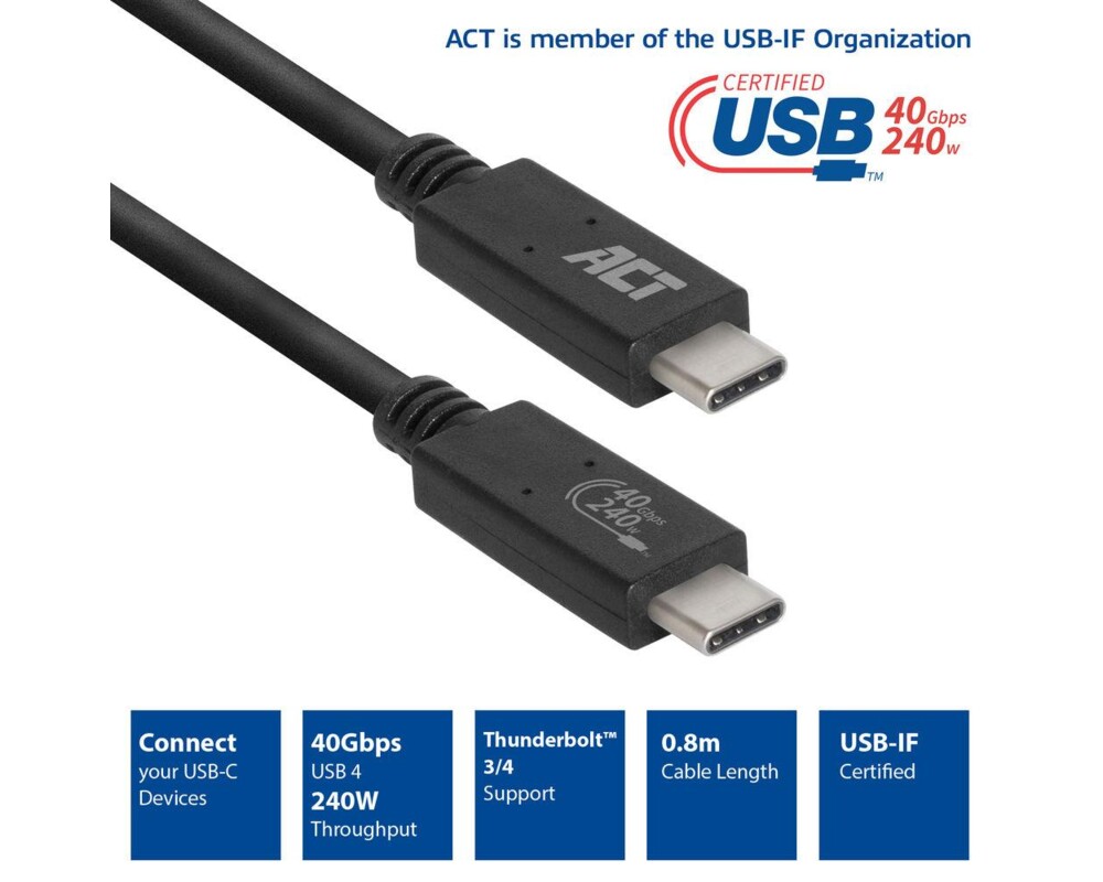 Кабел ACT Кабел USB-C - USB-C, 0.8 м / USB4, 40Gbps, 240W, сертифициран USB-IF 2