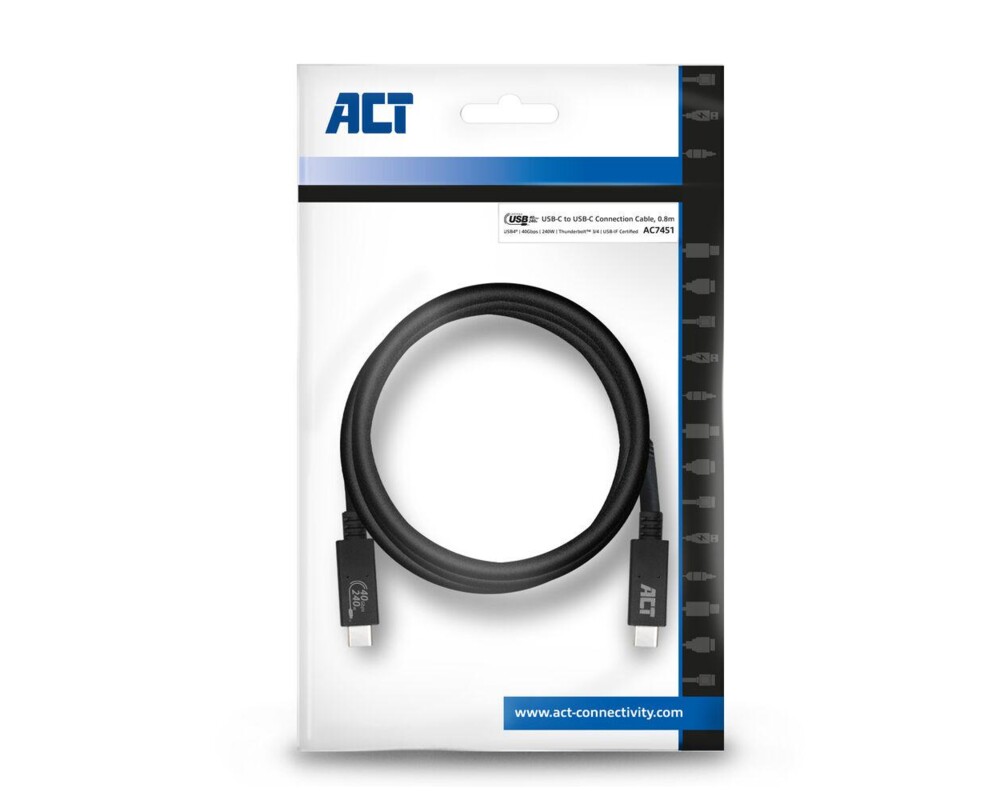 Кабел ACT Кабел USB-C - USB-C, 0.8 м / USB4, 40Gbps, 240W, сертифициран USB-IF 10