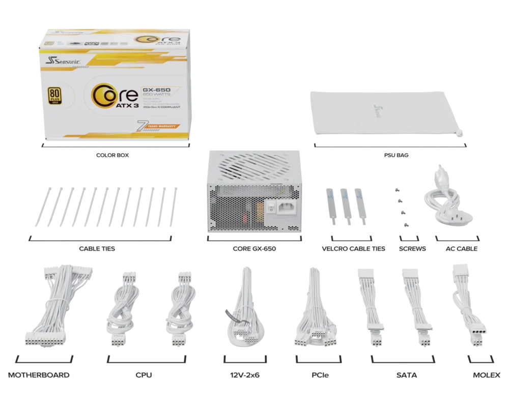 Захранване Seasonic CORE GX White 650W 80+ Gold, Fully Modular, ATX 3.1, PCIe 5.1 9