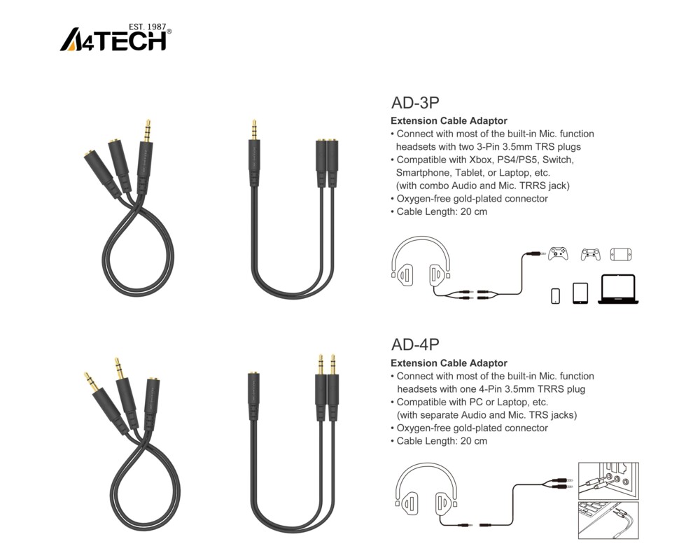 Адаптери A4Tech Адаптер AD-3P 3.5mm жак мъжко - 2 х 3.5мм жак женско 3