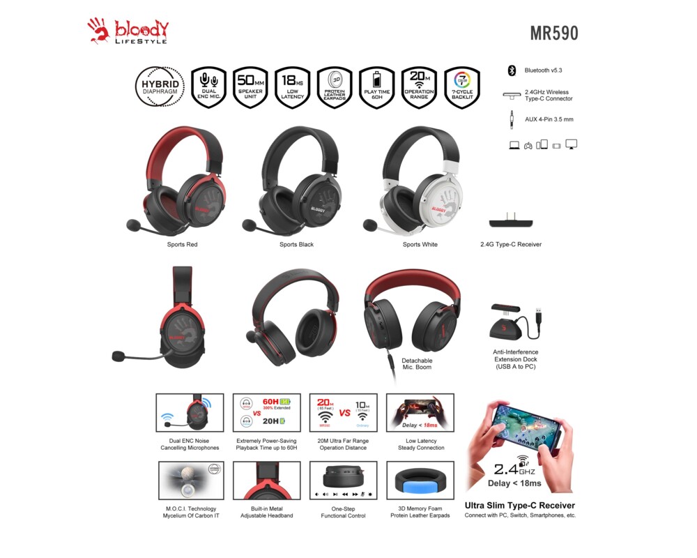 Слушалки A4tech Bloody МR-590 Геймърски безжични слушалки с микрофон,Bluetooth 3.5мм жак, червен 3