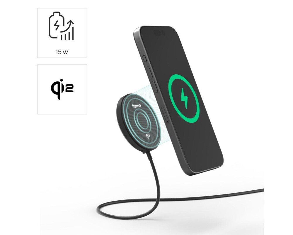 Зарядно HAMA Безжично  Qi2, 15 W, черно, за Apple 11