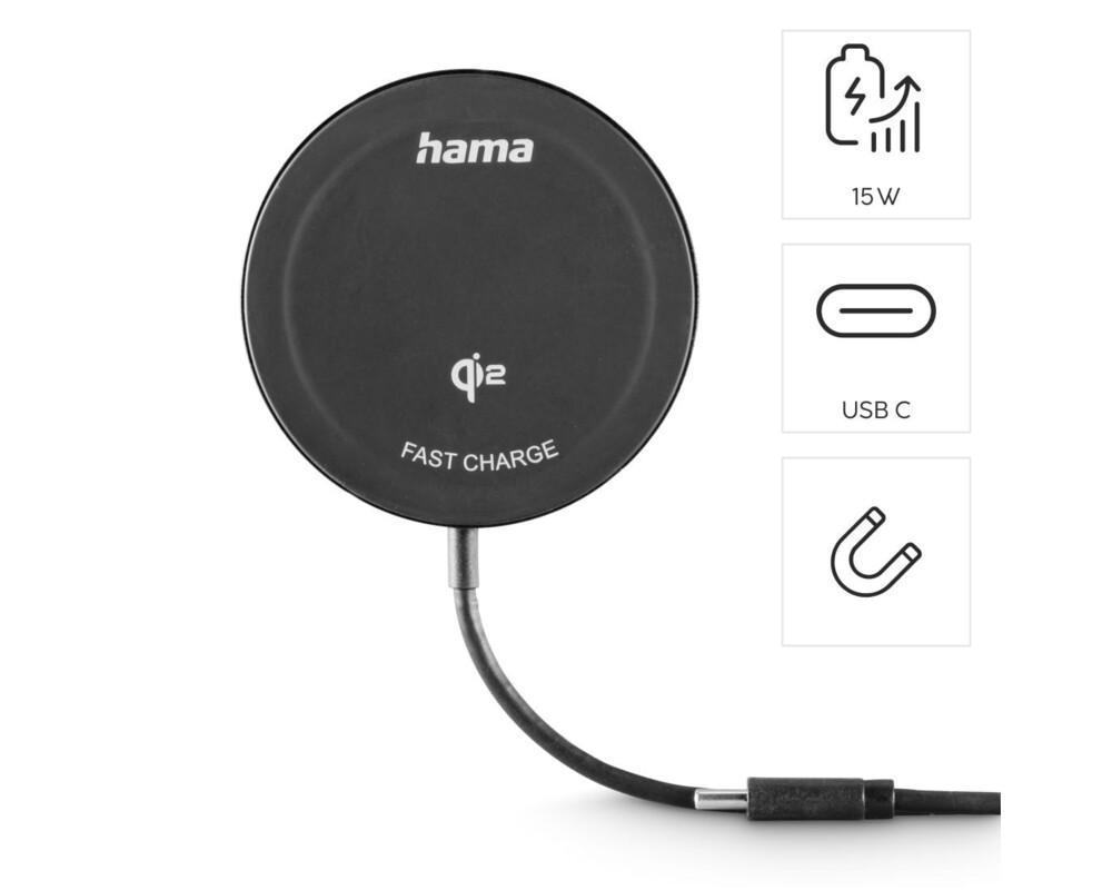 Зарядно HAMA Безжично  Qi2, 15 W, черно, за Apple 15