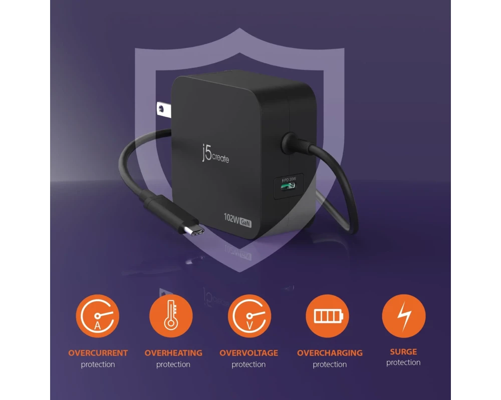 Зарядно j5create JUP25102V  220V-  GaN 102W  USB-C 2порта- за лаптопи, таблети, телефони 6