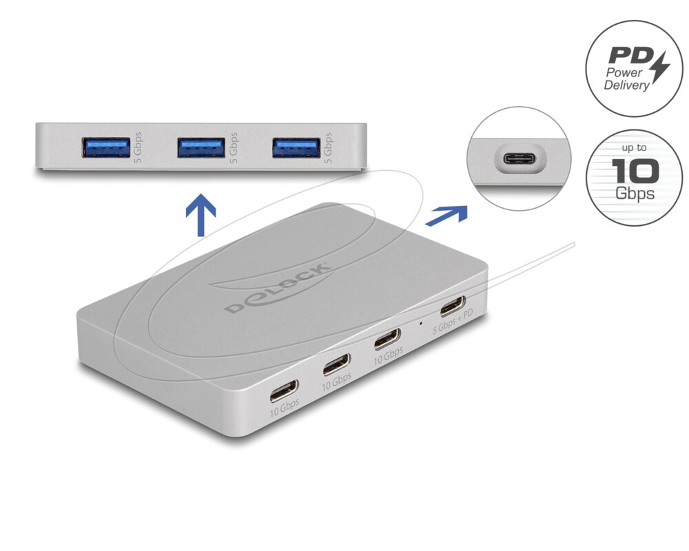 USB хъб Delock Хъб USB-C, 7 порта, 3x USB-A 5 Gbps, 3x USB-C, 1xUSB-C PD 85 W 2