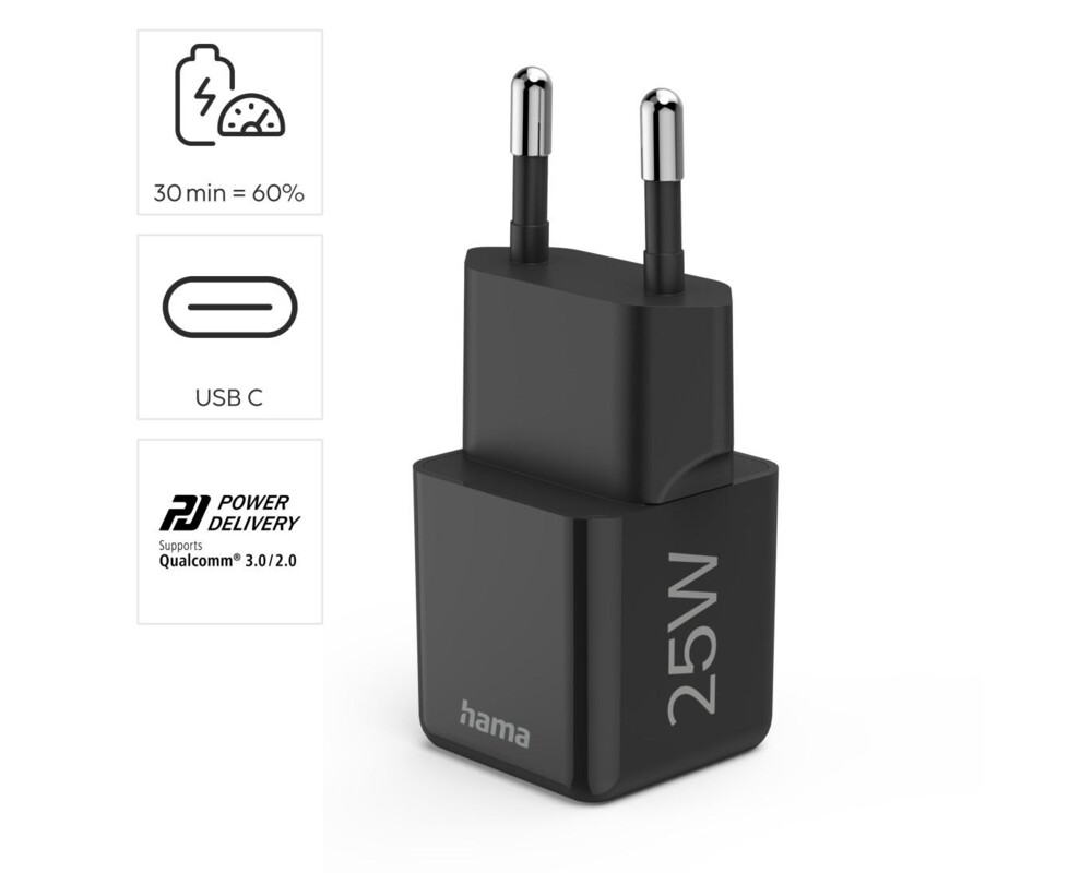 Зарядно HAMA Бързо мини  220V, USB-C, PD/Qualcomm, 25 W, черен 12