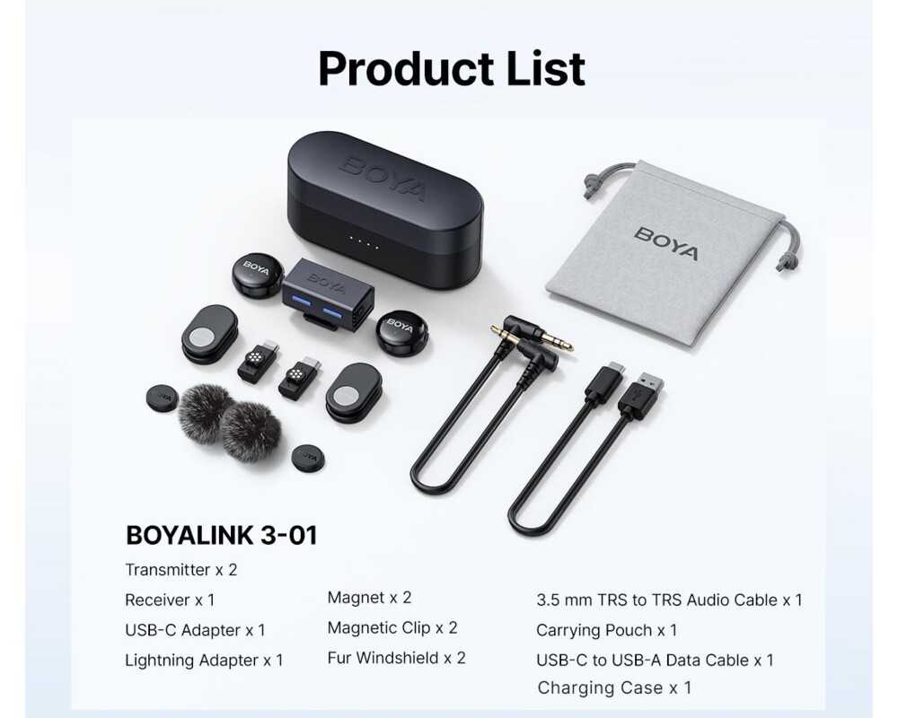 Микрофон Безжична система микрофони BOYA BOYALINK 3-01 with lightning+USB-C +3.5mm TRS plug 21