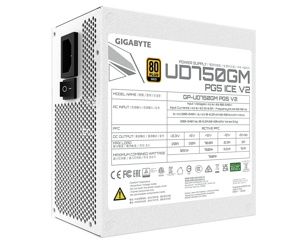 Захранване Gigabyte UD750GM PG5 ICE 750W, 80+ Gold PCIe 5.1 6