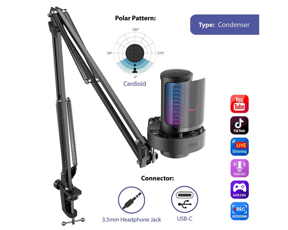 Микрофон със стойка FIFINE A8T RGB - Black 6