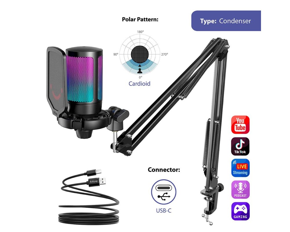 Микрофон със стойка FIFINE A6T RGB - Black 6