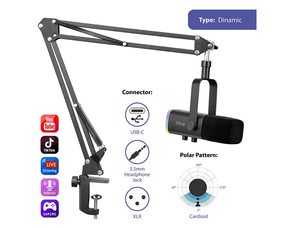 Микрофон със стойка FIFINE AM8T Dynamic RGB - Black 4