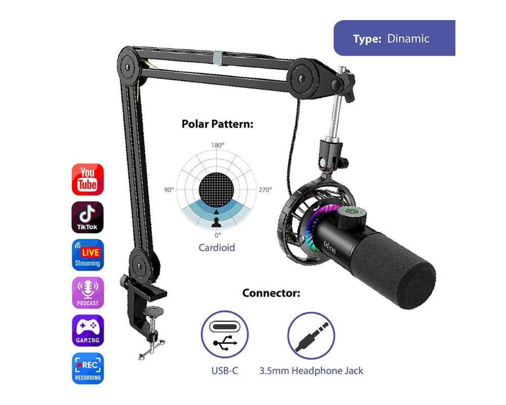 Микрофон със стойка FIFINE T658 Dynamic RGB - Black 4