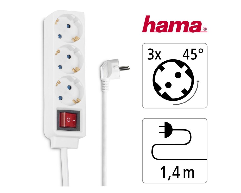 Разклонител HAMA Разклонител 3 гнезда, 1.4м, бял с бутон за вкл/изкл. 4