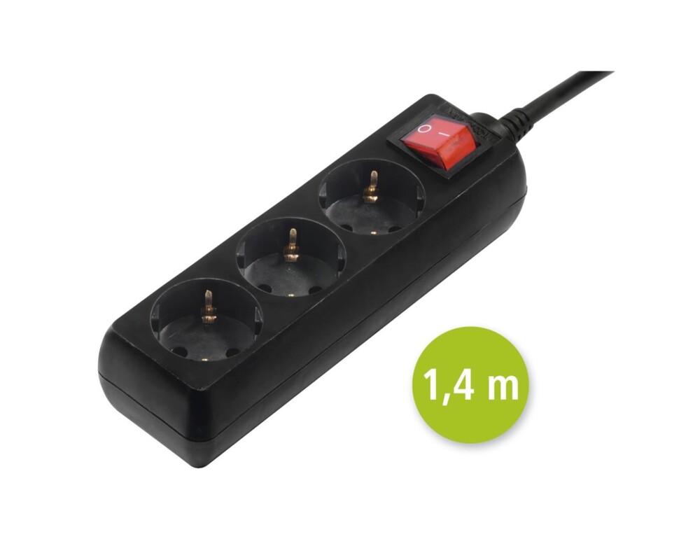 Разклонител HAMA Разклонител 3гнезда, 1.4м,черен с бутон вкл/изкл 5