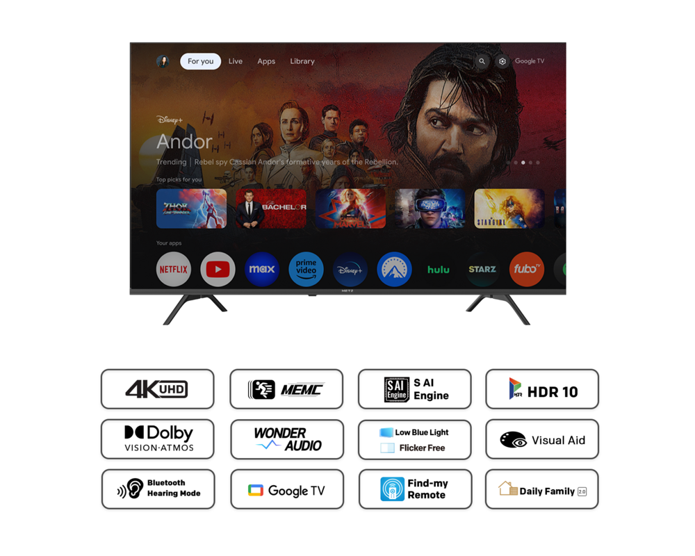 Телевизор METZ Телевизор 55" UHD LED SMART TV,4K, Google TV, Frameless,2x10W 3