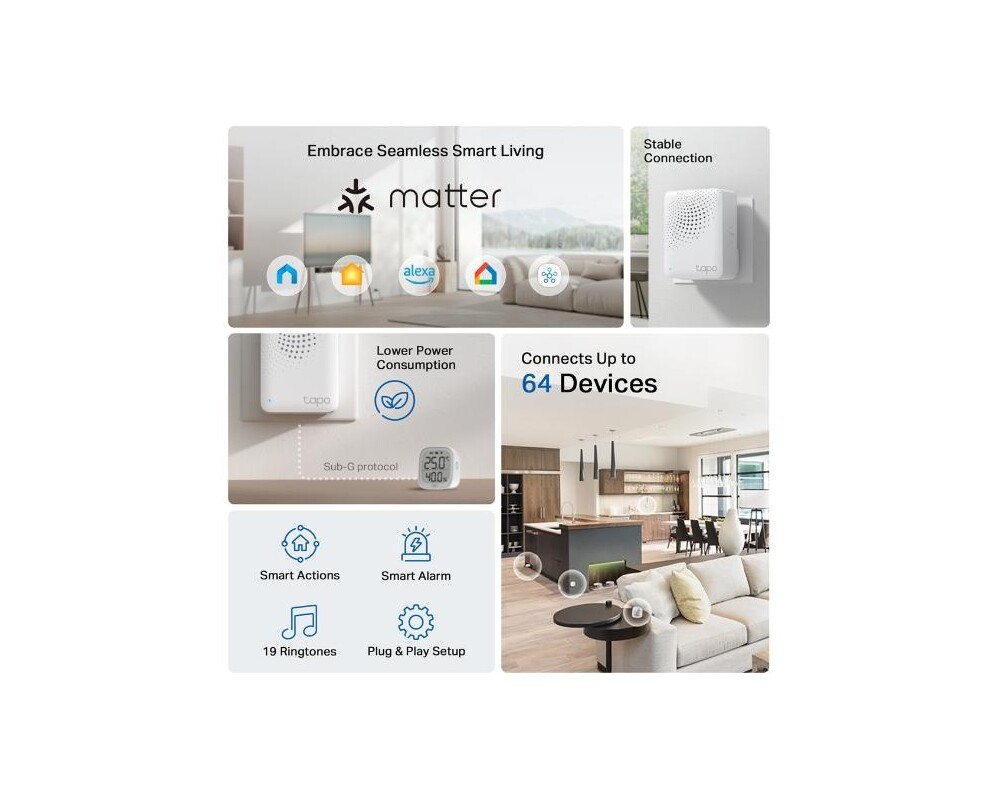 Цифрова IP камера TP LINK интелигентен хъб със звънец H100, аларма, координира се с интелиг. сензори Tapo, свързва до 64 интелиг. у-ва, звънец, Wi-Fi 2