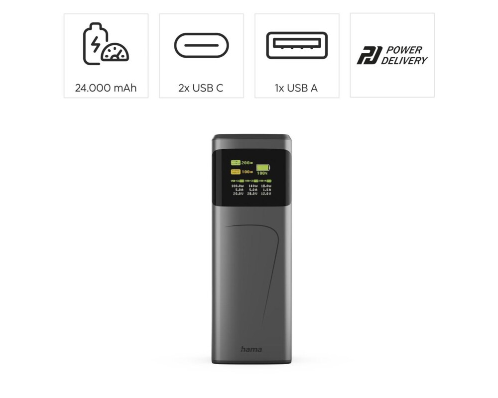 Външна батерия HAMA Външна батерия „High Power“, 200 W, 24000 mAh, 2x USB-C, USB-A, бързо зареждане 15