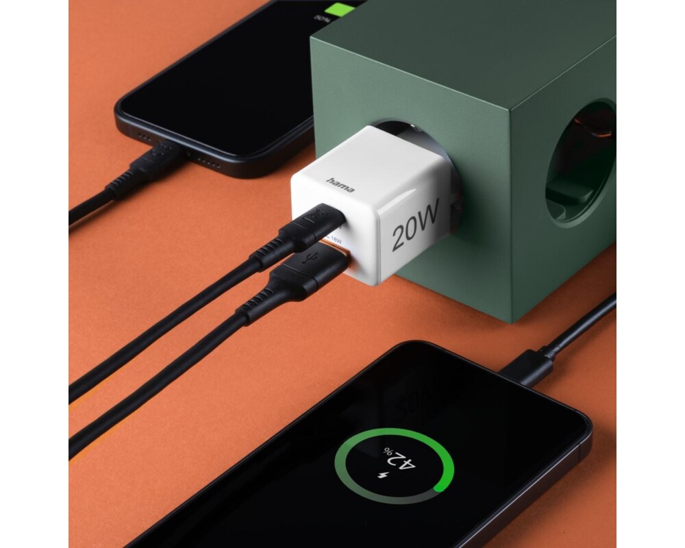 Зарядно HAMA Бързо мини  1x USB-C, 1x USB-A, PD, 20 W, бяло 8