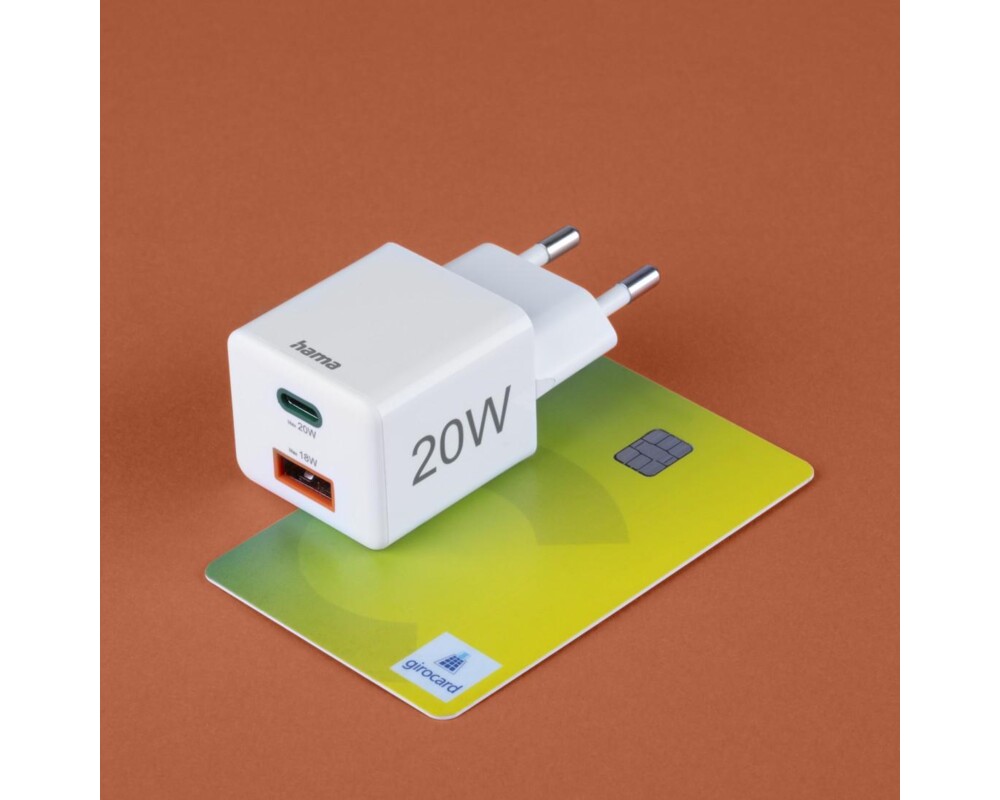 Зарядно HAMA Бързо мини  1x USB-C, 1x USB-A, PD, 20 W, бяло 10