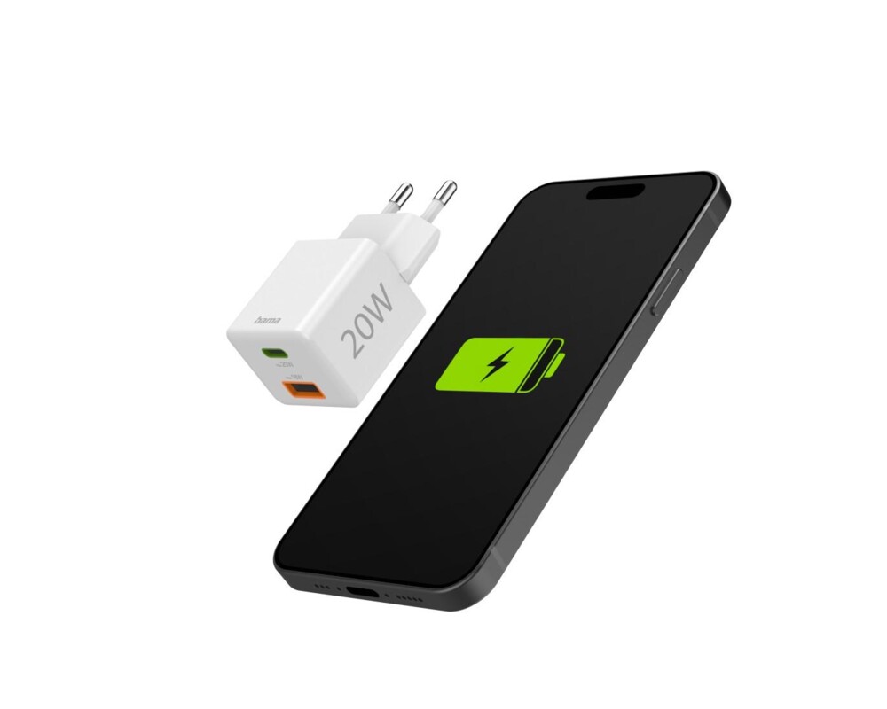 Зарядно HAMA Бързо мини  1x USB-C, 1x USB-A, PD, 20 W, бяло 9