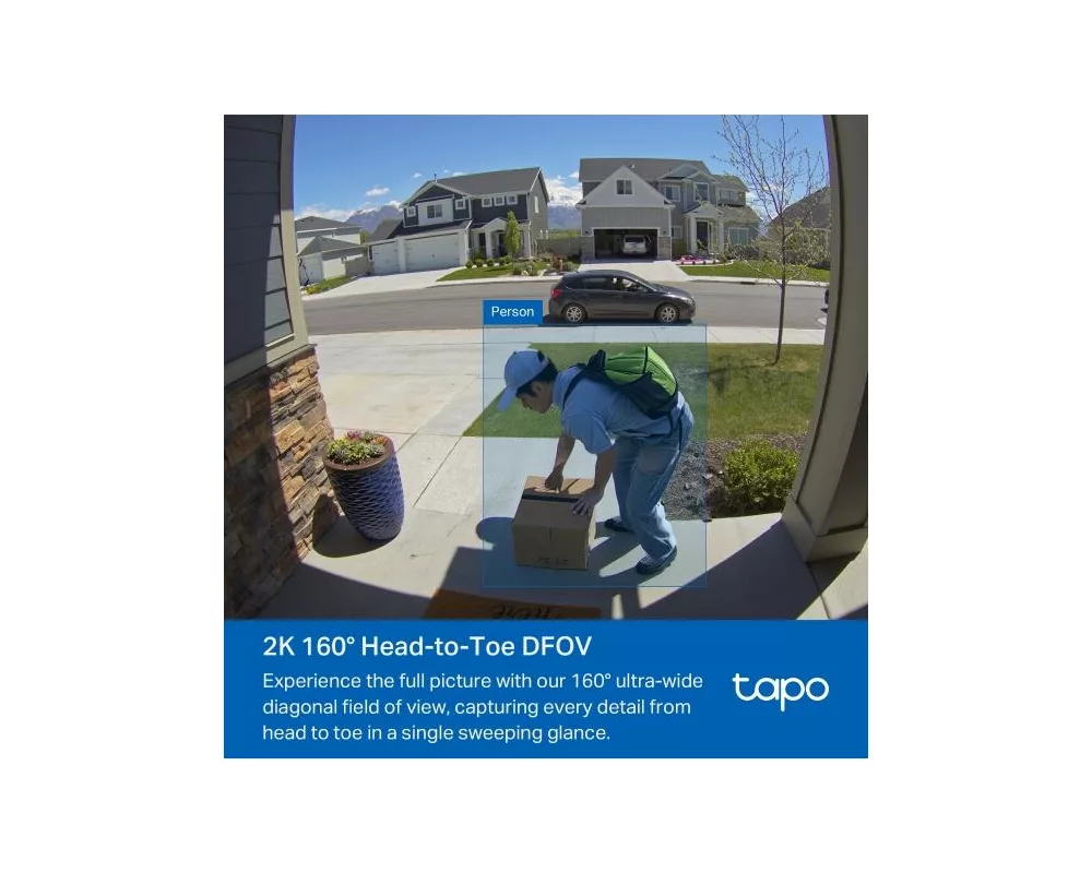 Цифрова IP камера TP LINK нтелигентен видео звънец за врата Tapo D210, 2K QHD (2560×1440),160° зрителен ъгъл, microSD до 512 GB, 2.4Ghz, AI-разпознаване 3