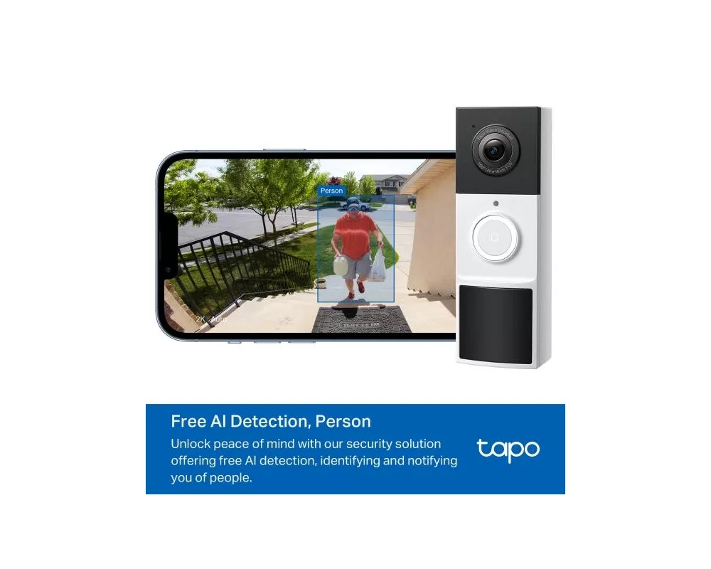Цифрова IP камера TP LINK нтелигентен видео звънец за врата Tapo D210, 2K QHD (2560×1440),160° зрителен ъгъл, microSD до 512 GB, 2.4Ghz, AI-разпознаване 5