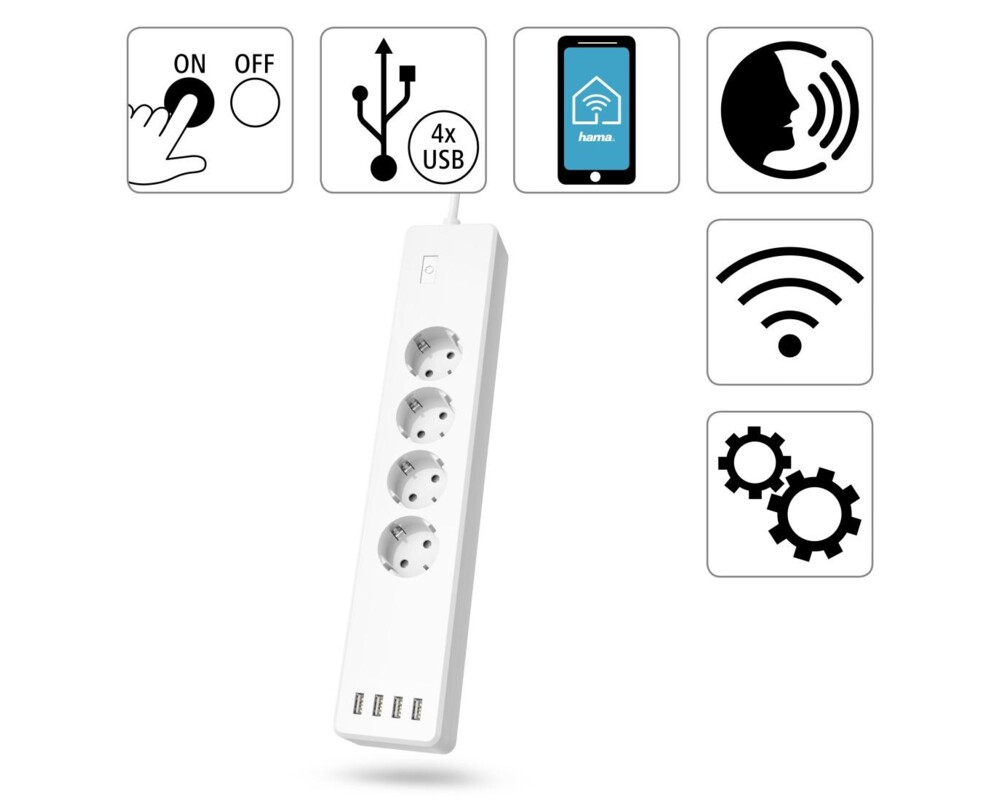 Разклонител HAMA Смарт разклонител Wi-Fi 2.4Ghz, 4 гнезда, 4xUSB, 1.7 m, бял 7