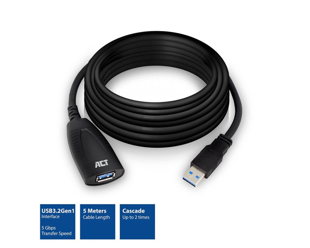 Адаптери ACT USB 3.2 Gen 1 Удължителен активен кабел USB-A-USB-A, 5м/ вкл. до 4хAC6005USB/ 2