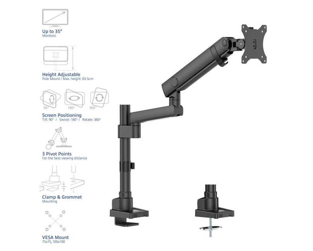 Стойка ACT Стойка за монитор макс. 40" с едно рамо, пружинен механизъм, до 12кг 2