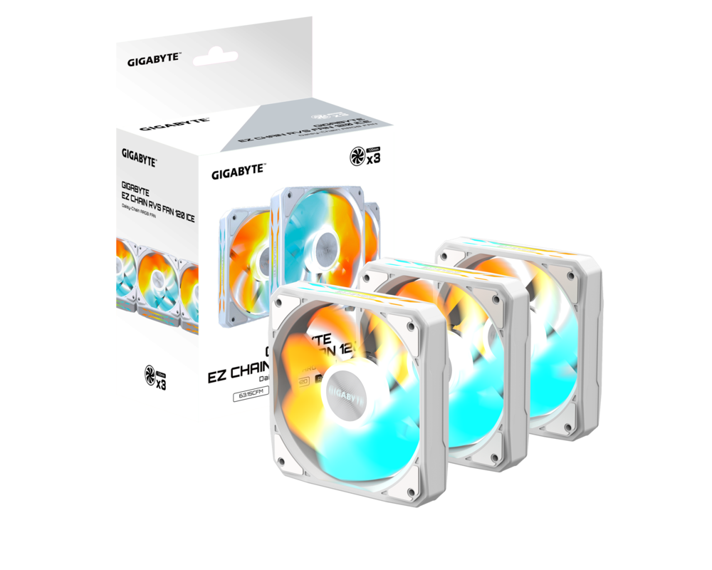 Вентилатор Комплект вентилатори 3-Pack GIGABYTE AORUS EZ CHAIN RVS FAN 120 ICE, 120x120x25mm ARGB 7