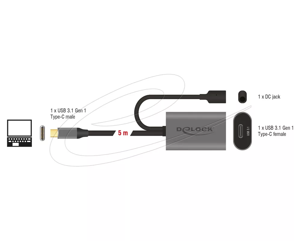 Кабел Delock Кабел активен удължителен USB-C към USB-C женско , 5m, (доп. DC захранващ сокет за опцион. захр.) 2