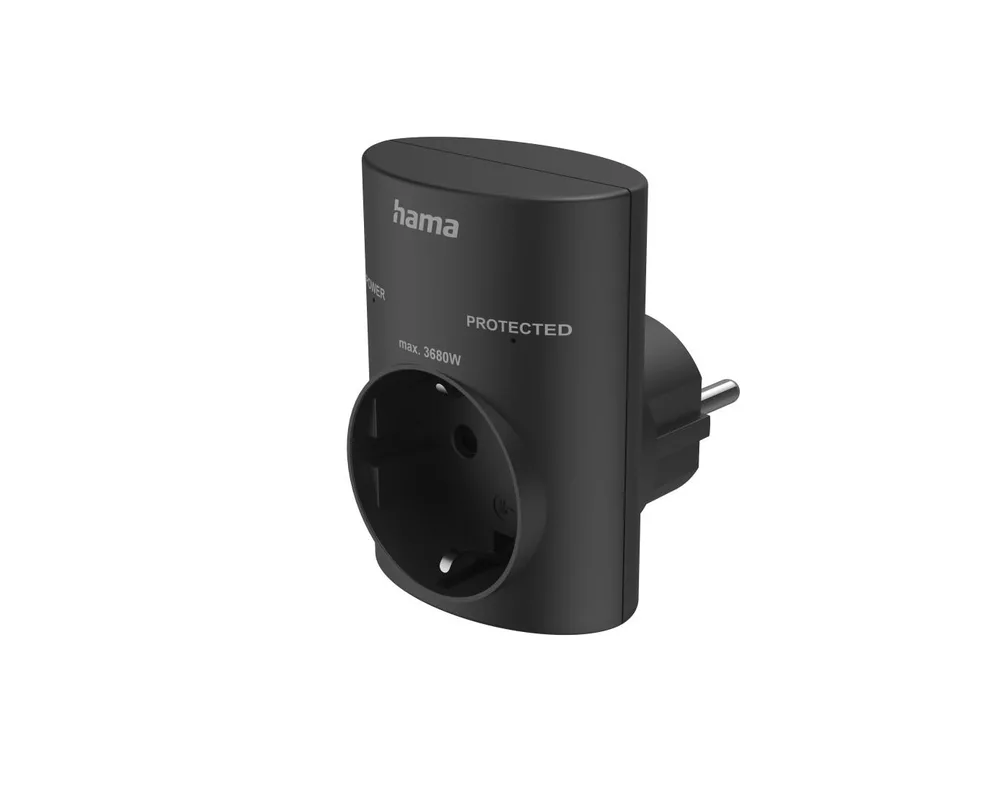 Разклонител HAMA Контакт с вградена защита от пренапрежение, черен 6