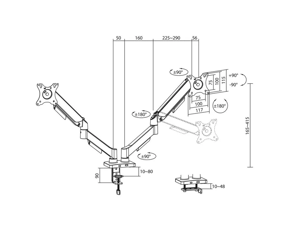 Стойка ACT Стойка за 2 бр. монитора за бюро AC8314, Регулируема, 17" - 34", 9 кг, газова пружина 7