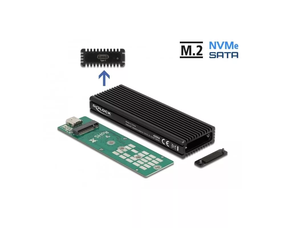 Аксесоар за съхранение Външно чекмедже Delock за M.2 NVMe PCIe или SATA SSD, USB-C 3.2 Gen 2 3
