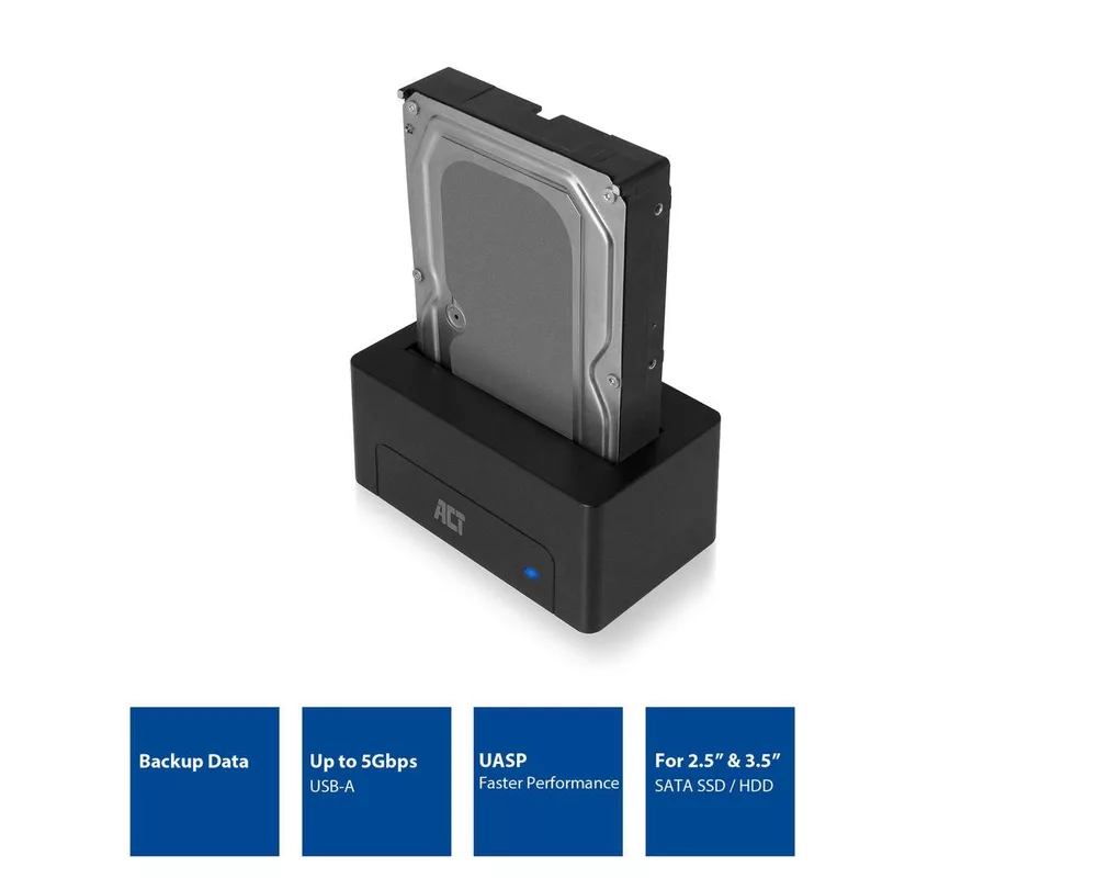 Аксесоар за съхранение Докинг станция ACT AC1500, USB 3.1 Gen1, За 3.5"/2.5" SATA HDD/SSD 3