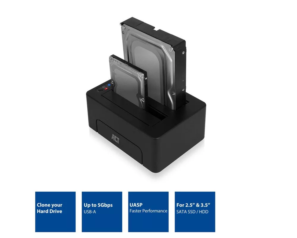 Аксесоар за съхранение ACT Докинг стейшън AC1504, USB 3.1 Gen1 за 3.5"/2.5" HDD/SSD черен 5