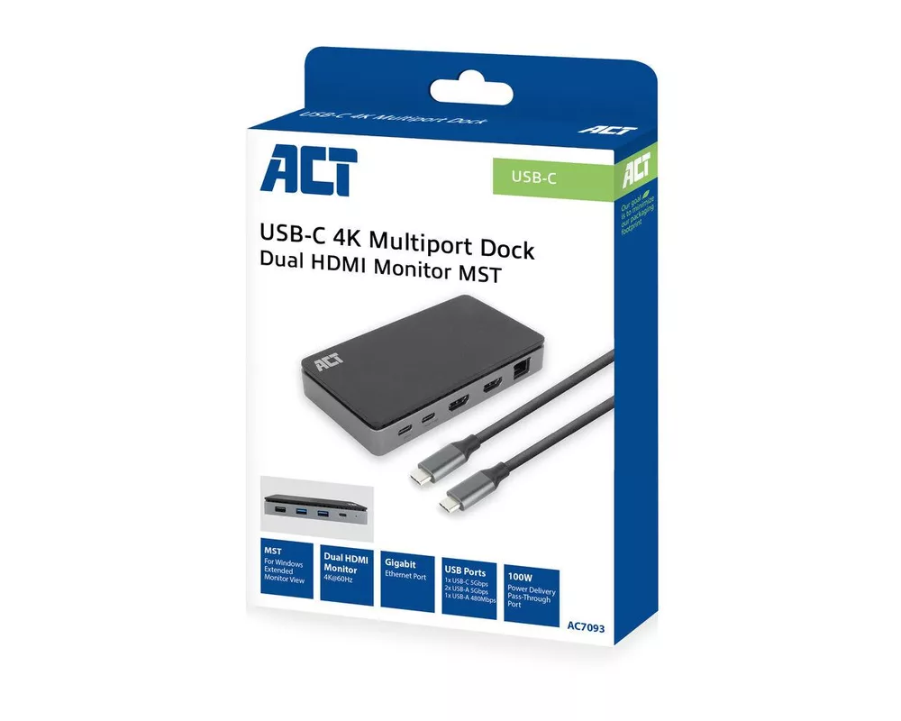 Докинг станция ACT Докинг станция USB-C, 4K, 2 x HDMI, Ethernet, USB-C, 3x USB-A 6