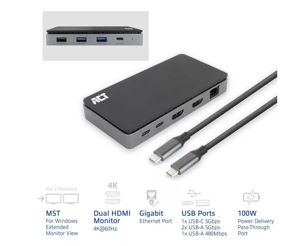 Докинг станция ACT Докинг станция USB-C, 4K, 2 x HDMI, Ethernet, USB-C, 3x USB-A 2