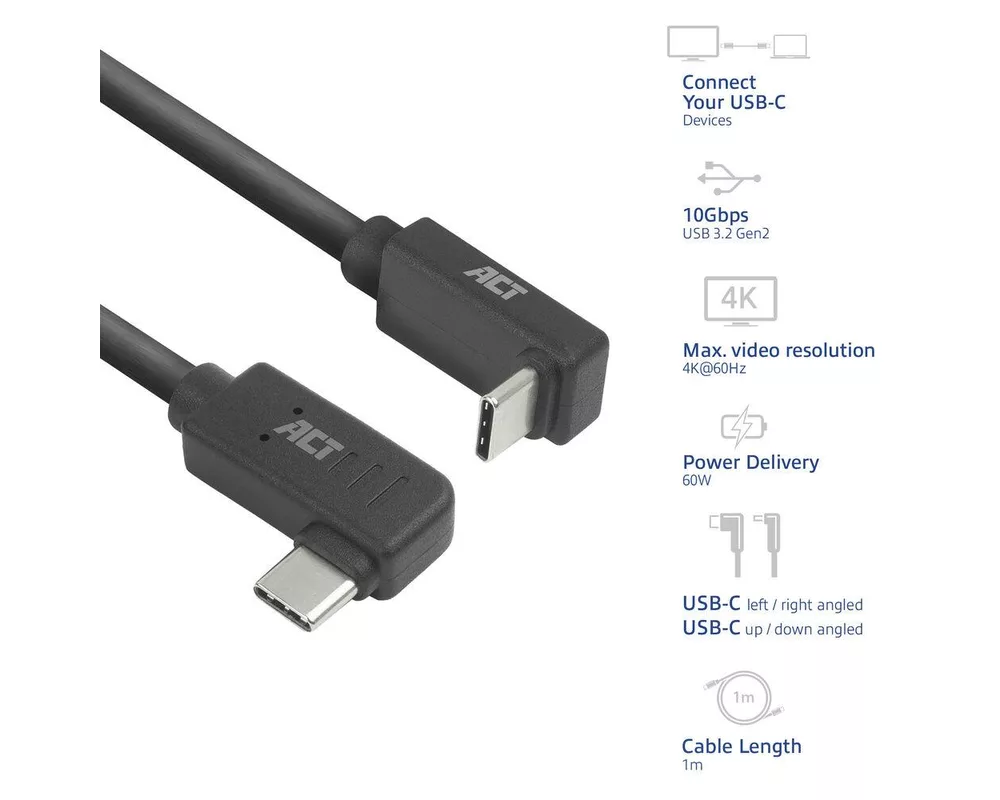 Кабел ACT Кабел USB-C - USB-C, 10Gbps, 60W, 1 m, конектори 90° left/right, up/down angled 2