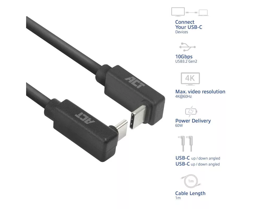 Кабел ACT Кабел USB-C 10Gbps, 60W, 0.5м, конектори на 90° up/down angled 2
