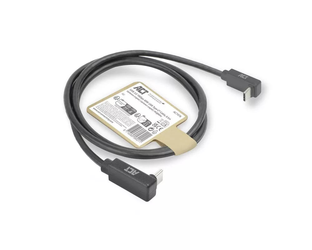 Кабел ACT Кабел USB-C 10Gbps, 60W, 0.5м, конектори на 90° up/down angled 7