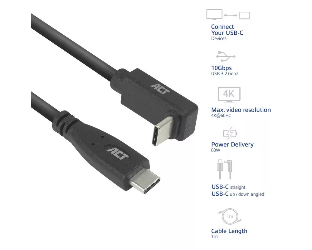 Кабел ACT Кабел USB-C - USB-C, 10Gbps, 60W, 1 м, конектори - един прав и един на 90° up/down angled 2