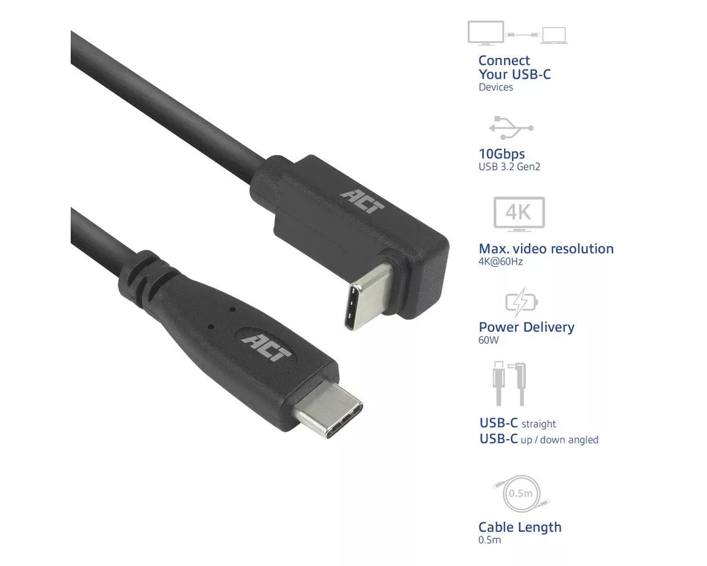 Кабел ACT Кабел USB-C - USB-C, 10Gbps, 60W, 0.5 м, конектори - 1x прав и 1x на 90° up/down angled 2