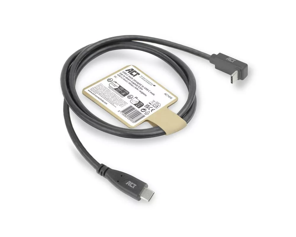 Кабел ACT Кабел USB-C - USB-C, 10Gbps, 60W, 0.5 м, конектори - 1x прав и 1x на 90° up/down angled 7