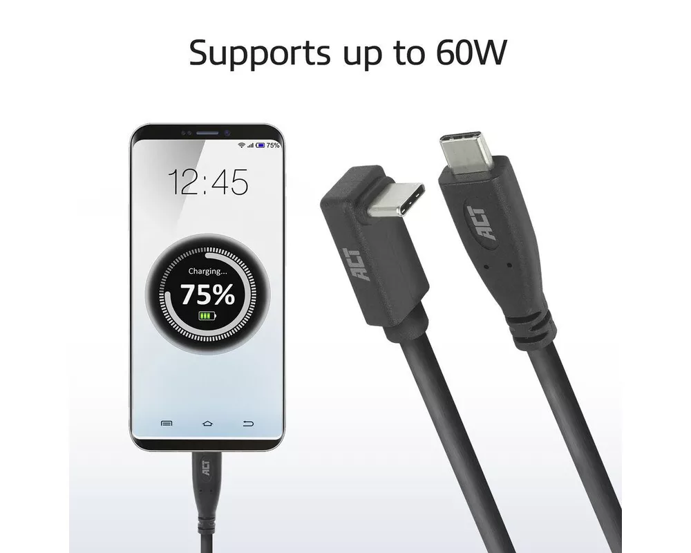 Кабел ACT Кабел USB-C - USB-C, 10Gbps, 60W, 0.5 м, конектори - 1x прав и 1x на 90° up/down angled 4